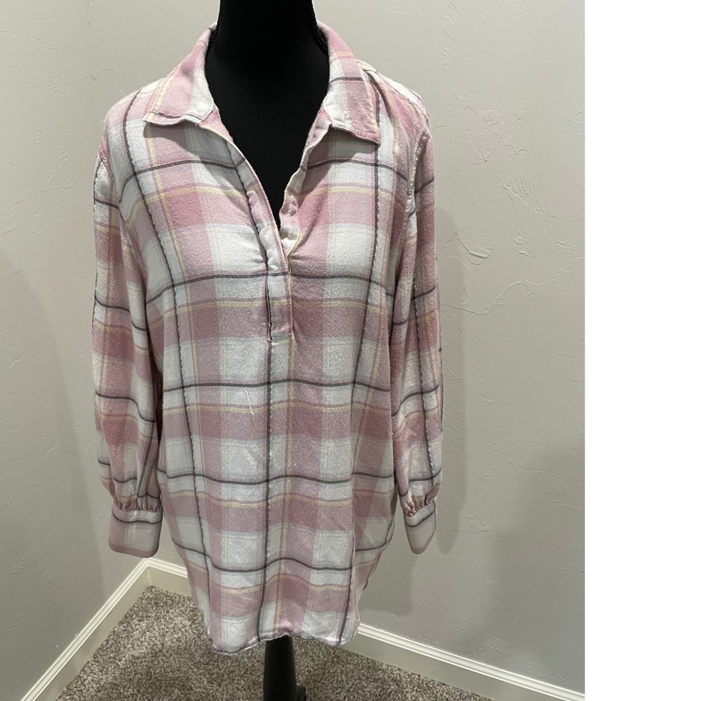 Chaps Womens Pink Plaid Metallic Tunic Top Long Sleeve Viscose Blend Size M